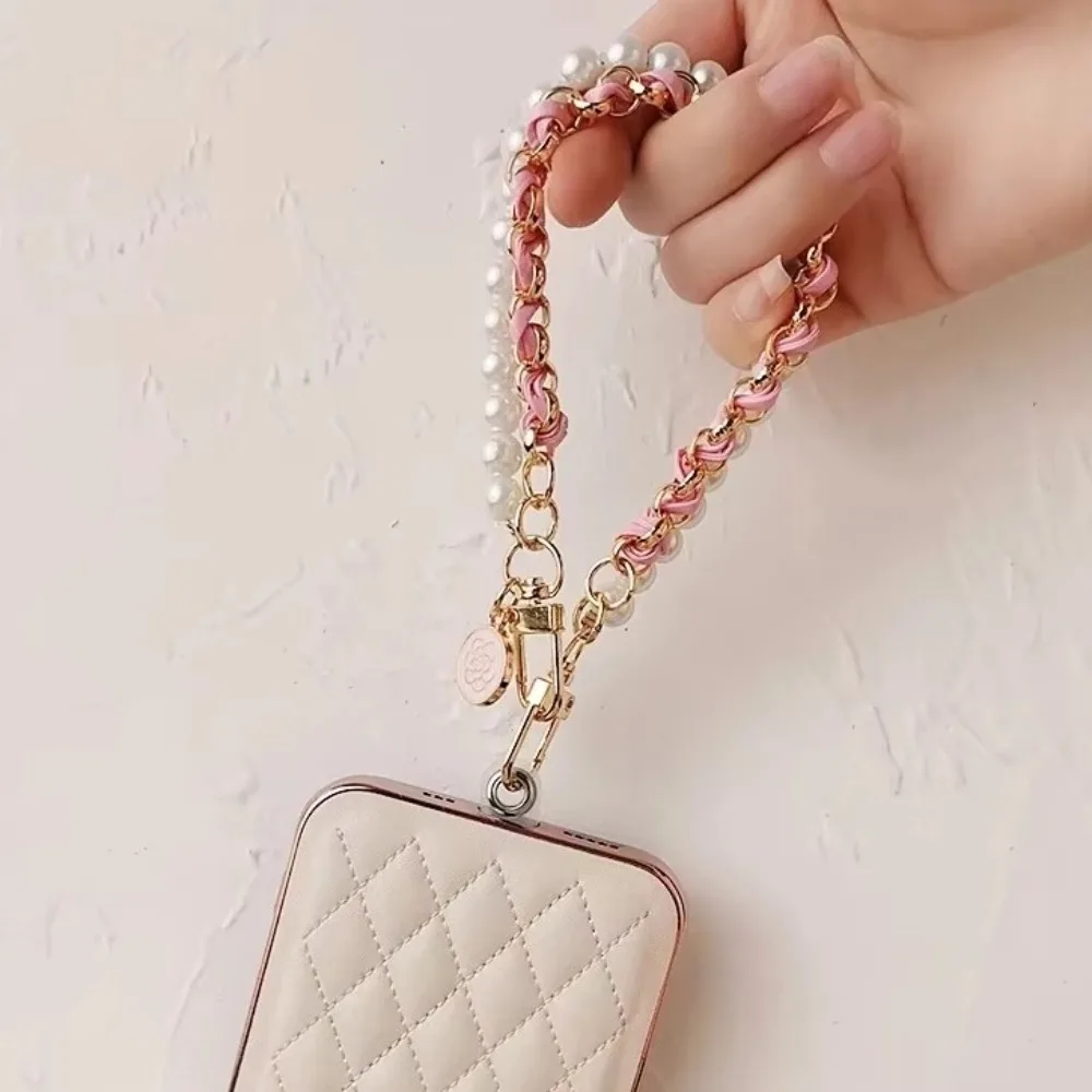1개 26cm 폰 끈 카멜리아 금속 키체인 셀 Xyun 폰 스트랩 로프 펜던트 가죽 진주 휴대폰 참 브레이슬릿