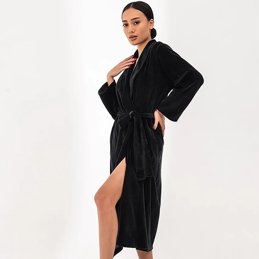 

Black V Neck Robe Nightgown Long Sleeves Women Kimono Sleepdress Velour Homedress Comfortable Bathrobe Casual Nightwear