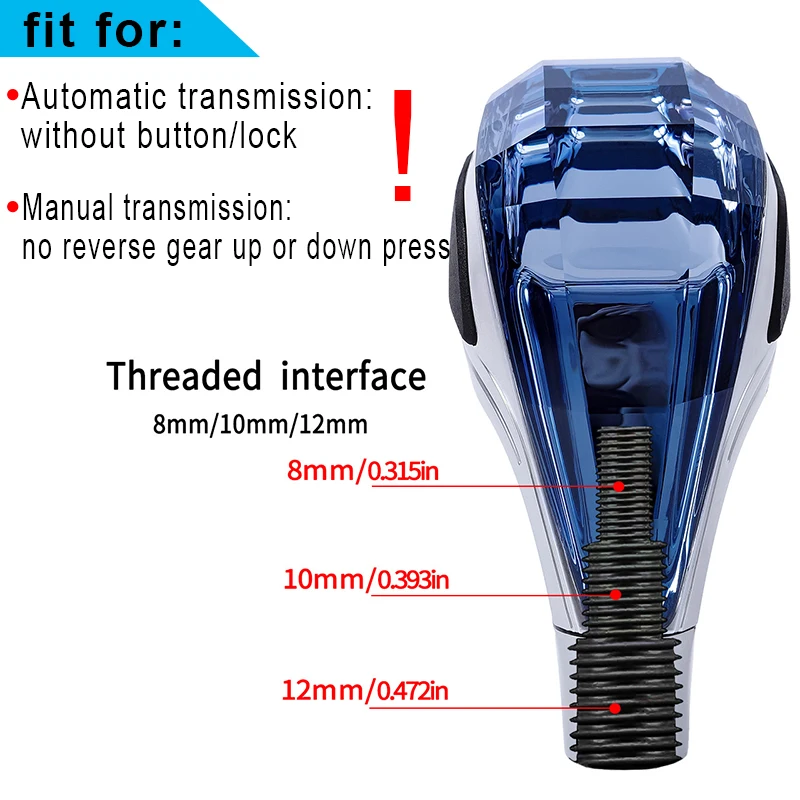 유니버설 크리스탈 LED 기어 변속 노브, 수동/자동 변속기용 다채로운 조명 포함, 8mm 10mm 12mm 대부분의 차량 호환 가능