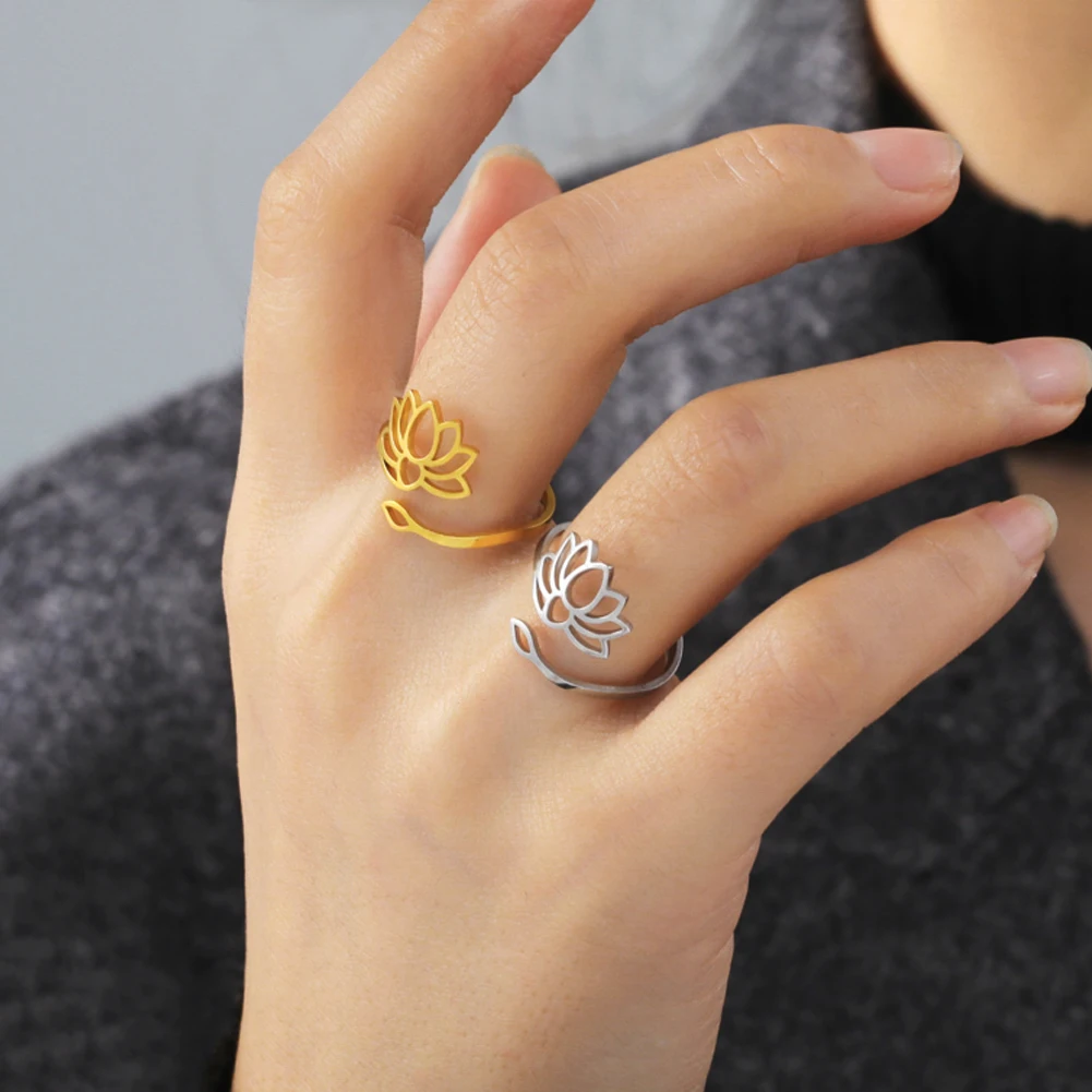 COOLTIME Stainless Steel Lotus Flower Open Rings for Women Pure