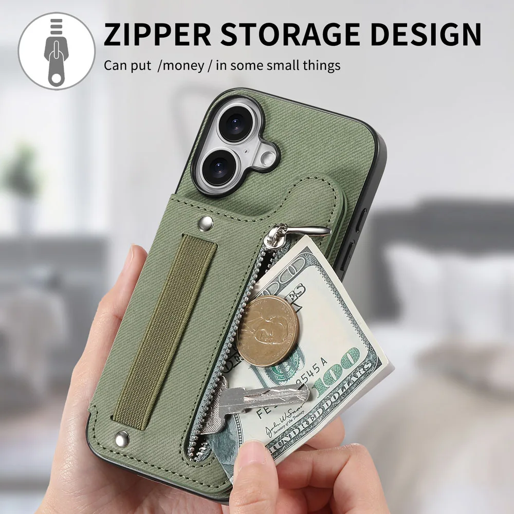 Zipper Cards Slot Leather Wallet Case with Elastic Wrist Strap