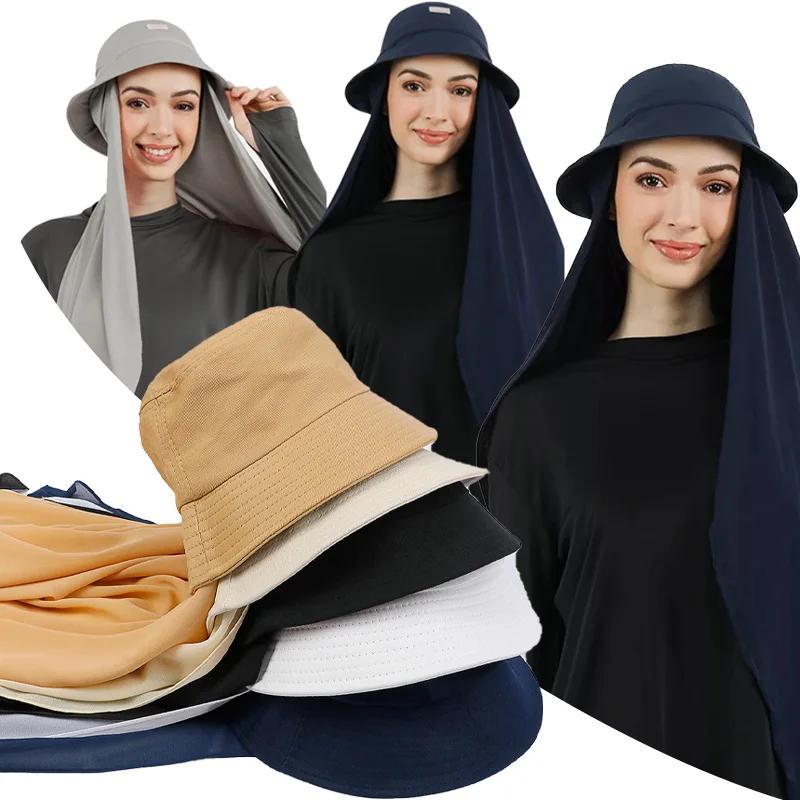 Muslim Headwear New Women Bucket Hat With Chiffon Hijabs Summer Sports Cap With Hijab Ready To Wear Instant Islam Headscarf