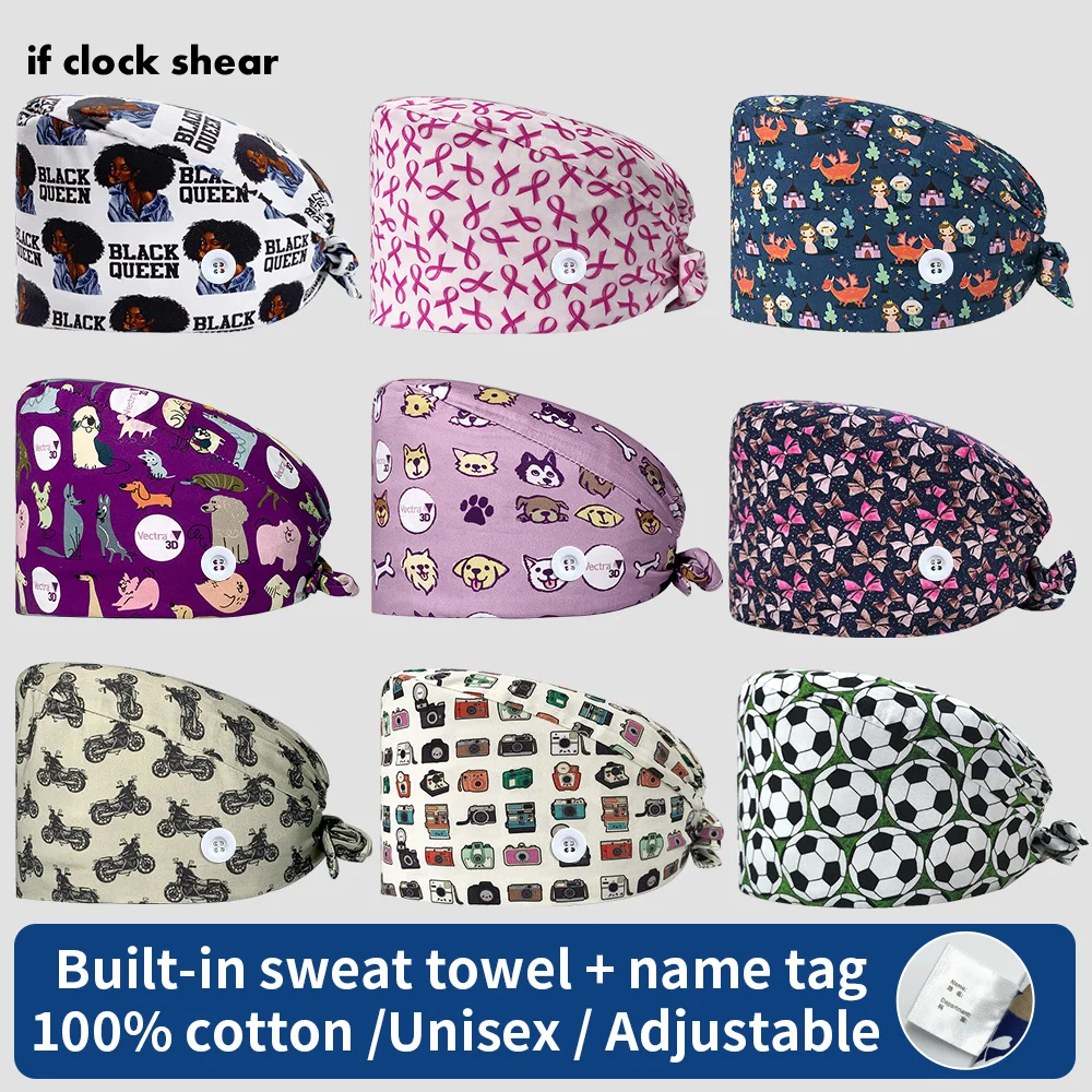 

High Quality Dentist Pet Hospital Nursing Hat Unisex 100% Cotton Scrubs Hat Pharmacy Working Hats Adjustable Scrub Cap Wholesale