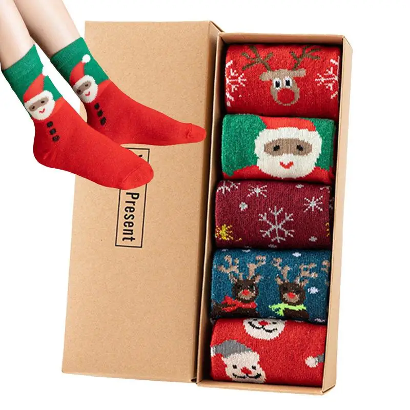

Christmas Socks Set Santa Claus Reindeer Pattern Knitted Socks Gift Multifunctional 5 Pairs Cartoon Wool Socks For Chritmas Deco