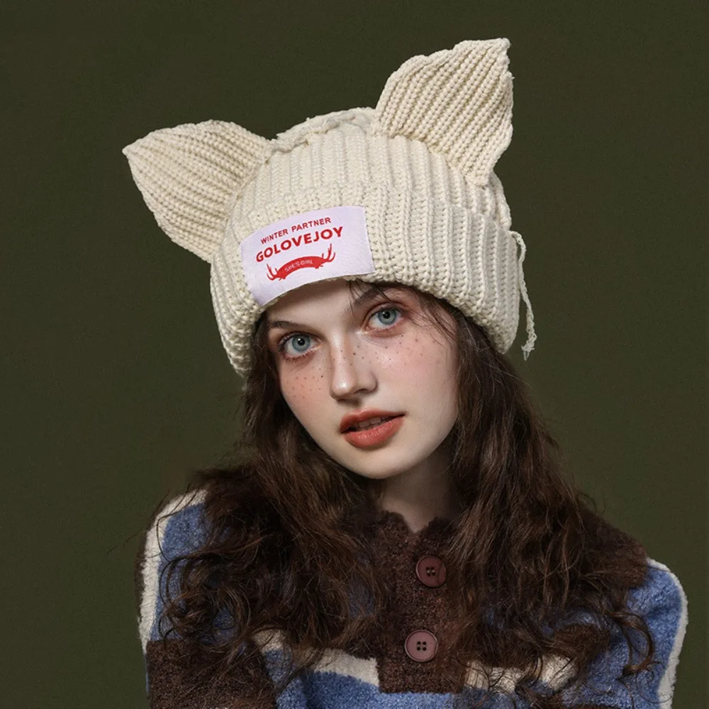 Fashion Double-layer Loverboy Cat Ear Knit Hat Warm Niche Design Pig Ear Woolen Hat Soft Thicke Warm Cap Autumn and Winter 4