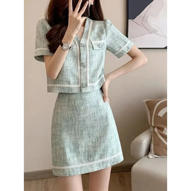 French Vintage Small Fragrance Two Piece Set Women Short Jacket Coat + Mini Skirt Sets Korean Fashion Summer 2 Piece Outfit