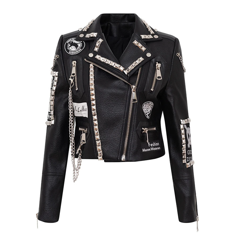 

Women's Motorcycle Jacket Rock Woman's Biker Coat PU Material Rock Jacket Long Rivet Motorcycle Jacket Wear Resistant S-XXXL