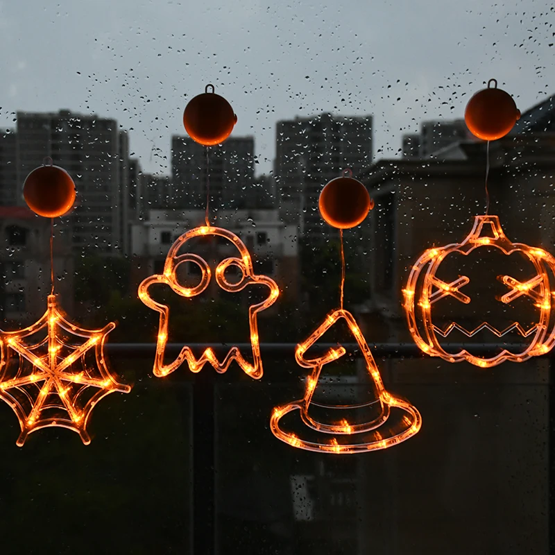 Halloween Orange LED Sucker Lamp Orange Pumpkin Ghost Witch Hat Design Window Light Home Bar Party Hanging Decor Without Battery