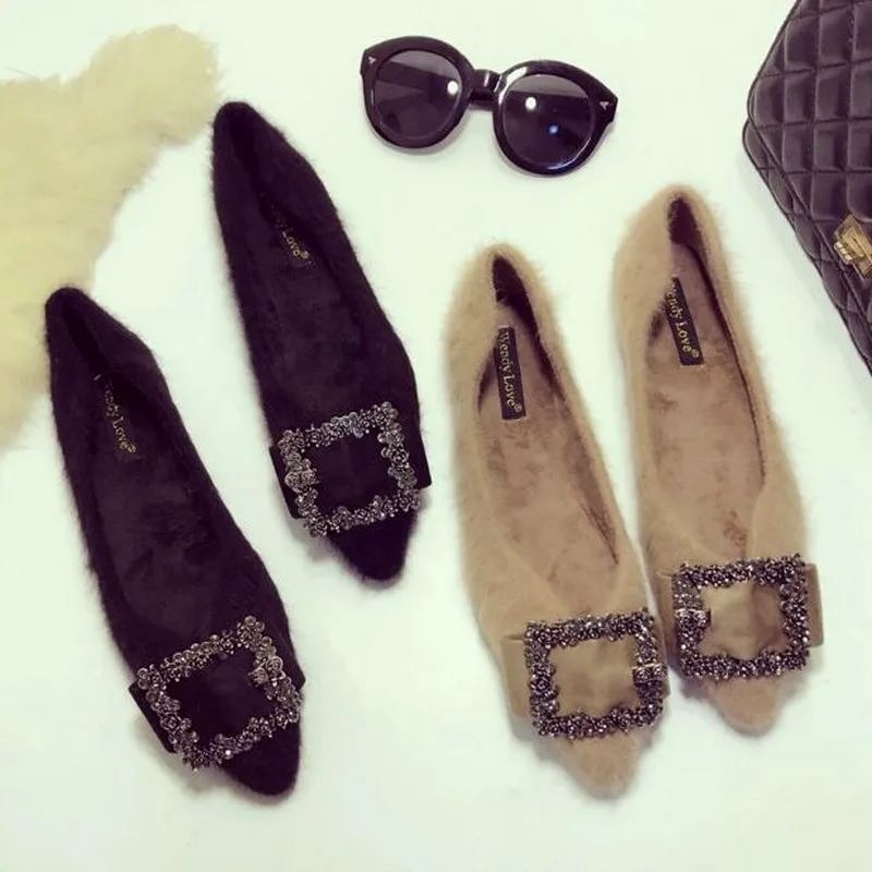 

Flat Shoes Women Winter Autumn New Mink square buckle Shoes for Women's Outerdoor Cotton Shoes Warm Plus Size Women's Shoes41-45