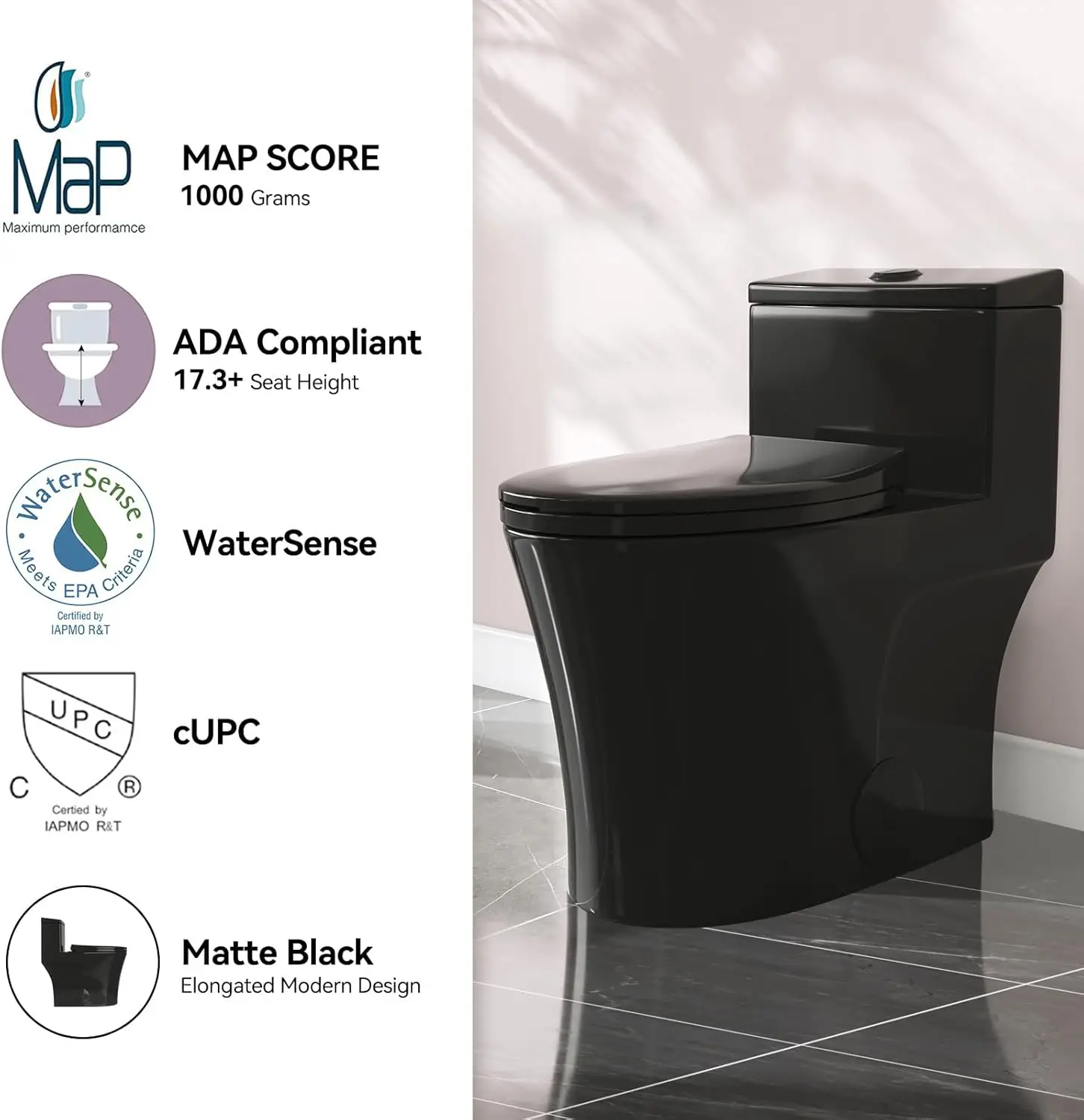 Elongated One Piece Toilet Black Compact Modern Toilet with Comfortable Seat Height ADA Chair Height 17.3" Power Dual Flush 4