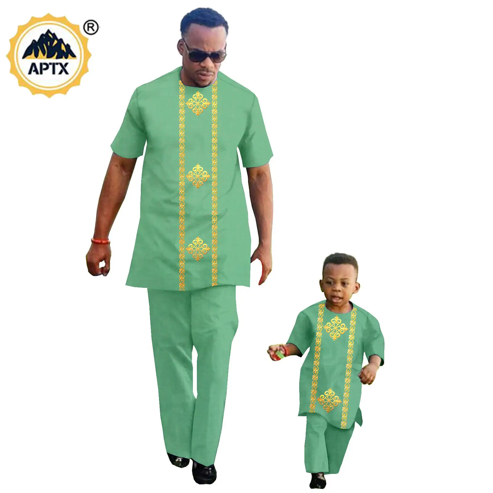 African Clothes for Father and Son Summer Short Sleeve Gold Color Appliques Top and Pant Sets Bazin Riche Men Outfits 24F009
