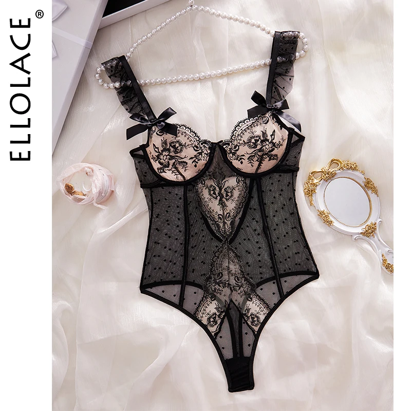 

Ellolace Lace Fancy Bodysuit Ruffled Strap Polka Dot Erotic Costume Transparent Lace One Pieces Tights Erotic Body Onlyfans