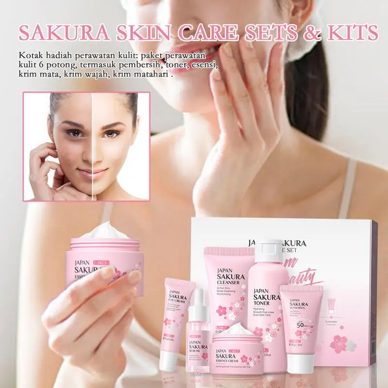 

Cherry Blossoms 6pcs Face Skin Care Repairing Anti-Aging Anti-Wrinkle Moisturizing Whitening Face Tonic Cream Gift Set