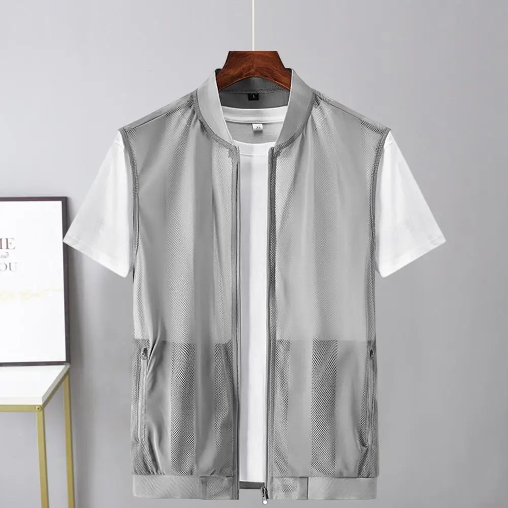 Description Picture 4 of itemBaseball Collar Sleeveless Pockets Zipper Placket Fishing Vest Summer Men Mesh Hollow Waistcoat