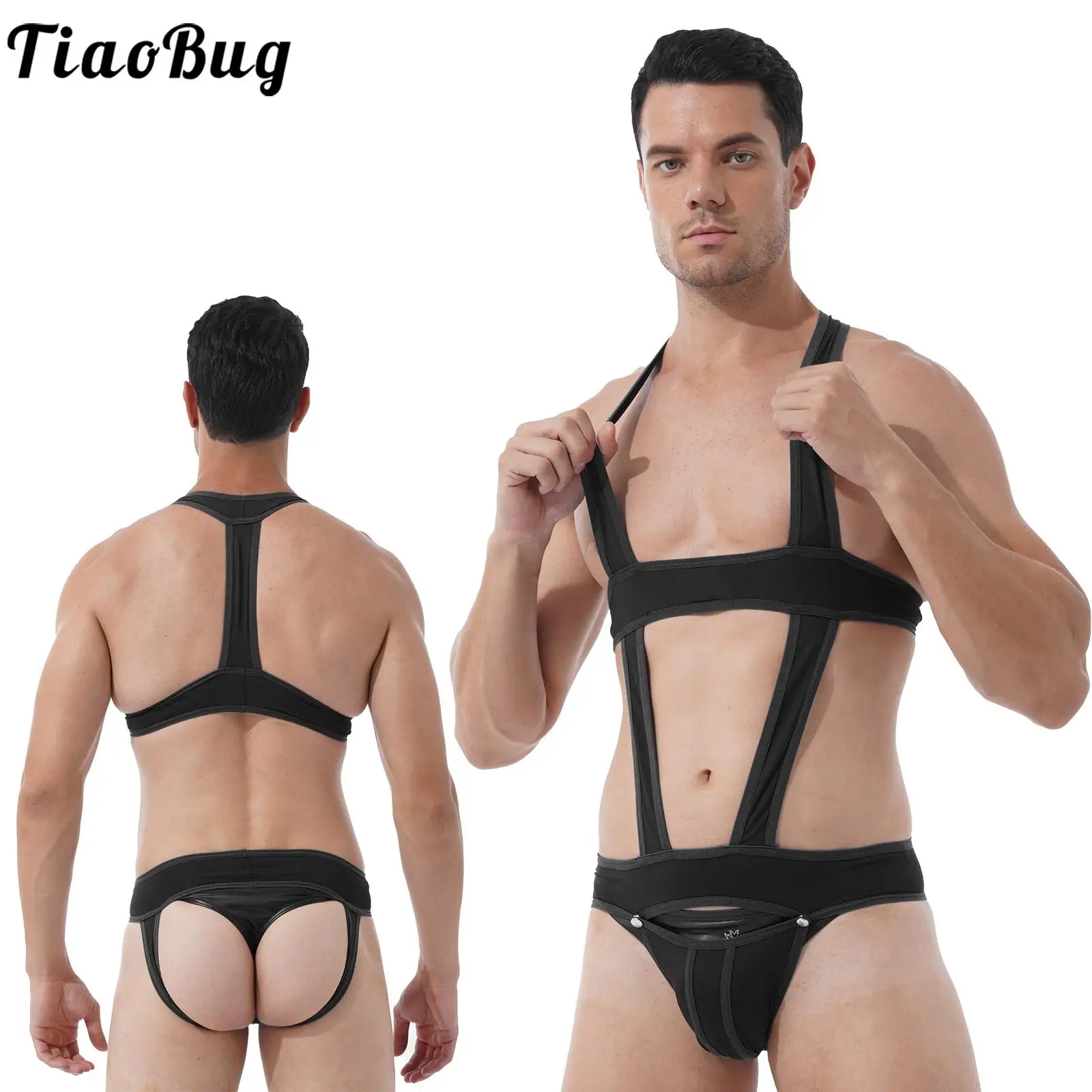 Nimiya Mens Solid One Piece Black Jockstrap Swim Body Hollow Out Bulge Pouch Tute Traspiranti Wrestling Singlet Wears