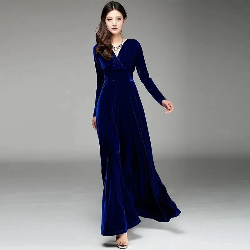 Solid V-Neck Dress 2025 New Spring Golden Velvet Dress Noble and Westernized Autumn Long Dress Velvet Mother Evening Dress Lady