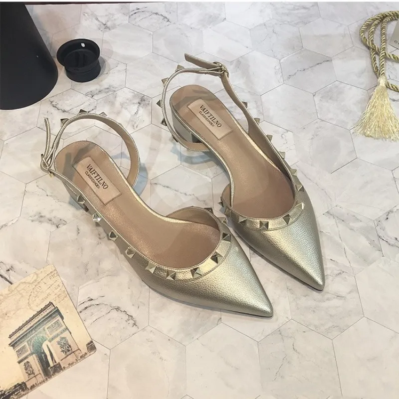 Riveted Sandals Women's 2023 New Pointed Single Shoes Flat Shoes Lacquer Leather Baotou Temperament High Heel Women's Shoes33-41