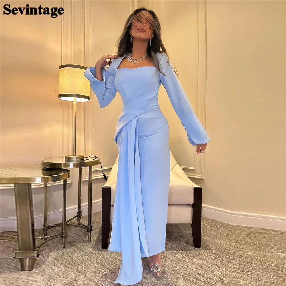 

Sevintage Elegant Baby Blue Saudi Arabic Prom Gowns Mermaid Square Collar Long Sleeves Party Dresses Women Evening Gowns Outfits