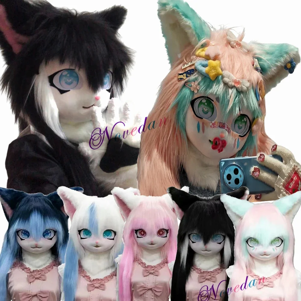 Cute Fursuit Kigurumi Headset Furry Animal Cosplay Costume Comiket Furries Rubbit Doll Cat Kig Mask Cosplay Halloween Costume