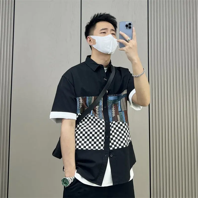 

Spring Autumn New Fashion Polo Neck Short Sleeve Clothing Casual Warm Color Versatile Western Commuter Loose Panel Men's Shirts