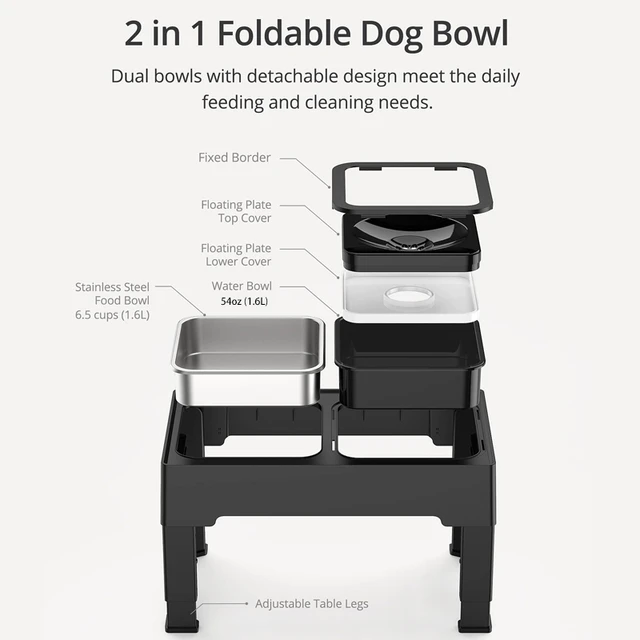 Raised Food and Water Bowls with Adjustable Stand, No Spill Stainless Steel Pet Bowls with 4 Heights for Dogs Black