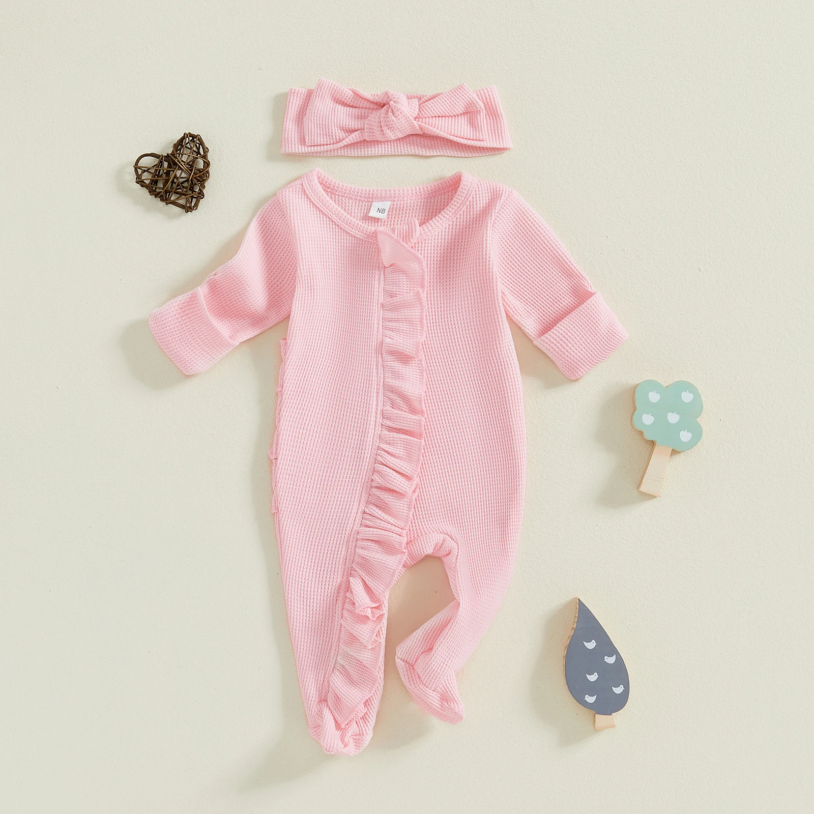 Baby Girl Fall Footies Outfits Ruffle Trim Long Sleeve Full Length Zipper Footed Romper Bow Headband
