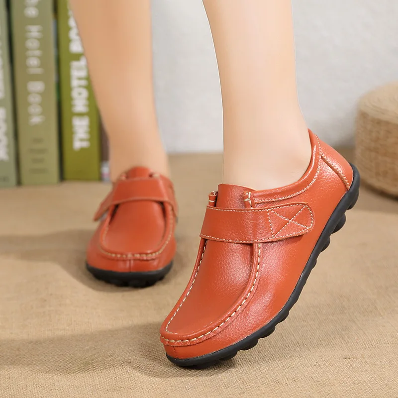 WOIZGIC Women Ladies Female Mother Genuine Leather Shoes Flats Loafers Round Toe Hook Loop Moccasins Vintage Plus Size 41 42