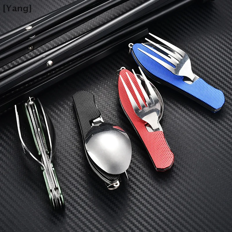 4 In 1 Tableware Foldable Stainless Steel Fork Spoon Knife Bottle Opener Portable Picnic Camping Hiking Travelling Dinnerware 2