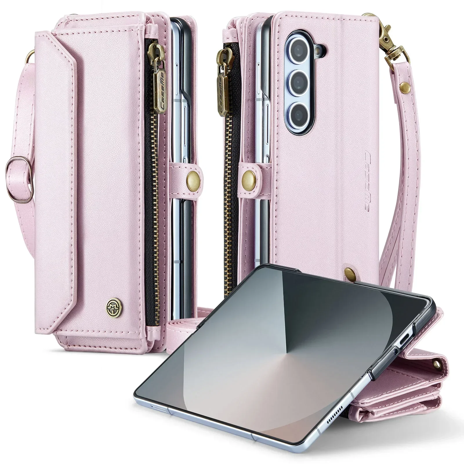 Crossbody Leather Wallet Phone Case with Stand and Shockproof Magsafe Flip Cover, featuring Lanyard Wristband.
