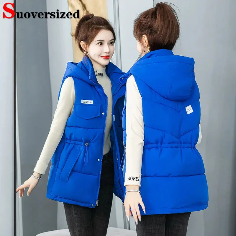 

Oversized Slim Drawstring Cotton Vests Women Warm Hooded Sleeveless Parka Korean Winter Casual Thick New Windbreak Waistcoat