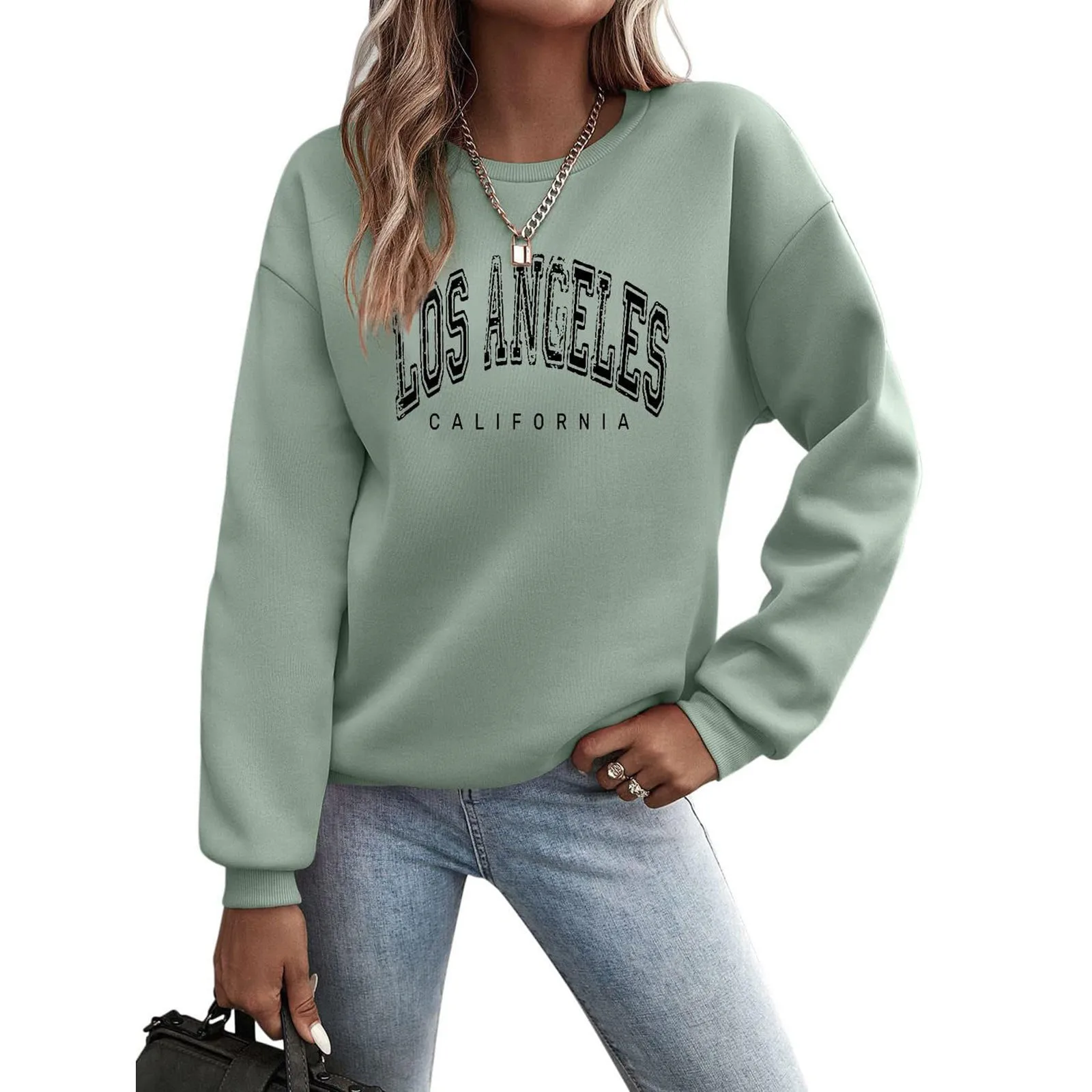 Women's Pullover Sweatshirt Losangeles Letter Printed Long Sleeved Crew Collar Pullover Fall/Winter Sports Casual Knit T Shirt