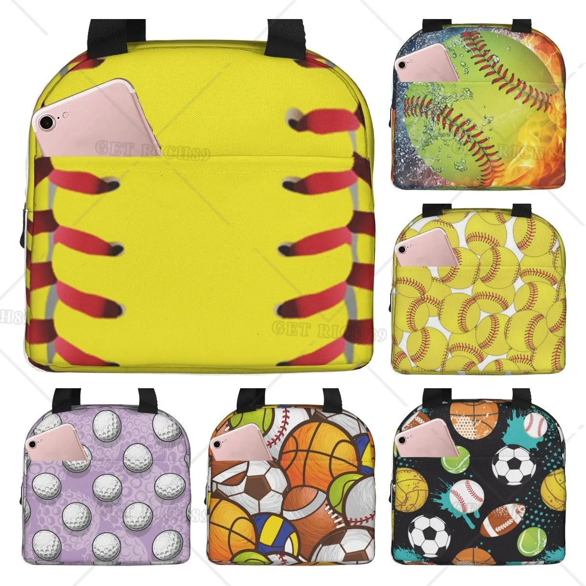 

Sport Ball Red Lines Yellow Softball Portable Lunch Box Insulated Lunch Bag Food Container Storage Boxes Waterproof for Adults