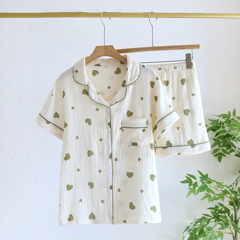 2024 New Summer Women's Pajama Set 100% Cotton Crepe Short Sleeves Shorts Two Piece Set Love Lovely Sweet Home Fury Thin Ladies