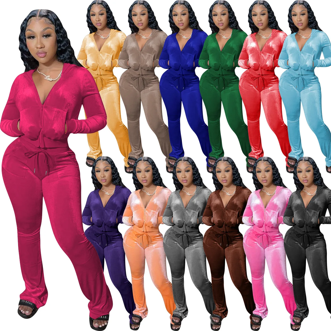 Cropped Jacket Tracksuit Velvet Two Piece Set Elegant 2 Pieces Sets Women Luxury Outfit Sweatsuit Velour Zip Up Hoodie Jackets