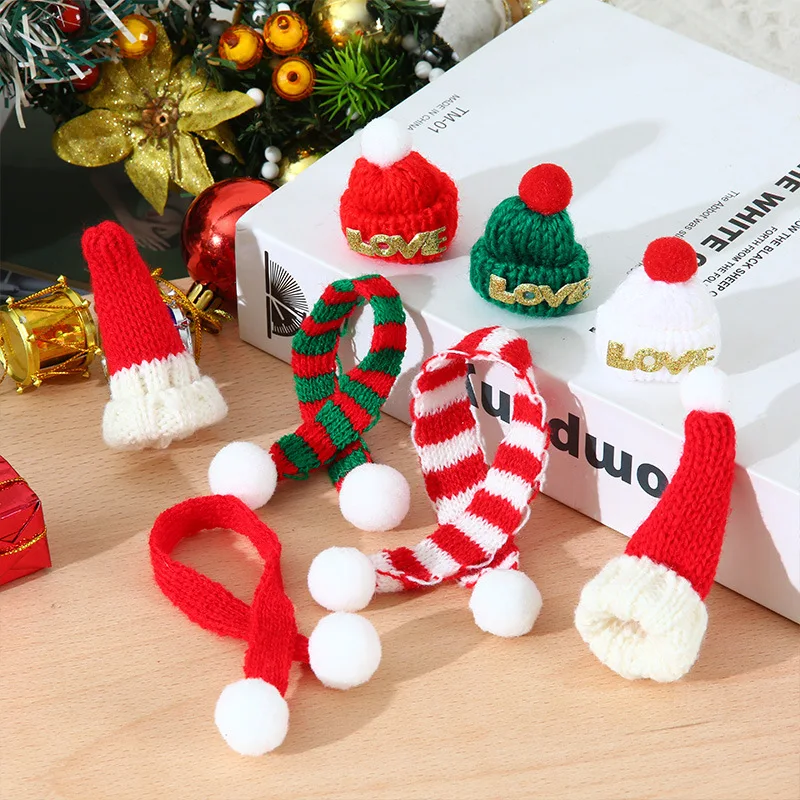 10PCS Mini Knitted Christmas Hat Small Scarf for Xmas New Year Party Lollipop Red Wine Bottle Knife and Fork Decoration
