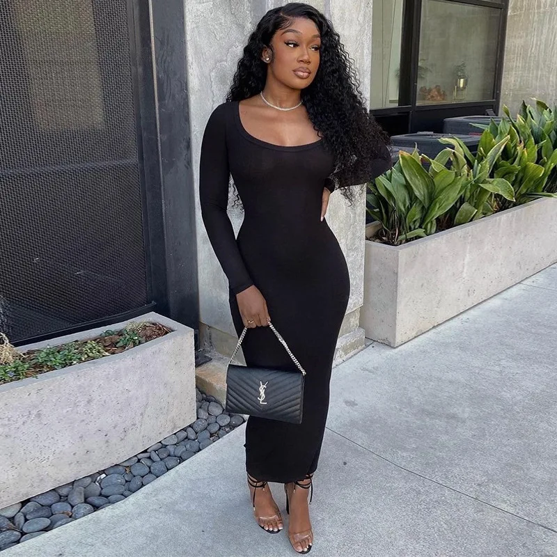 

2024 European And American Style Autumn New Fashion Solid Color U-neck Long Sleeve Slim Long Dress