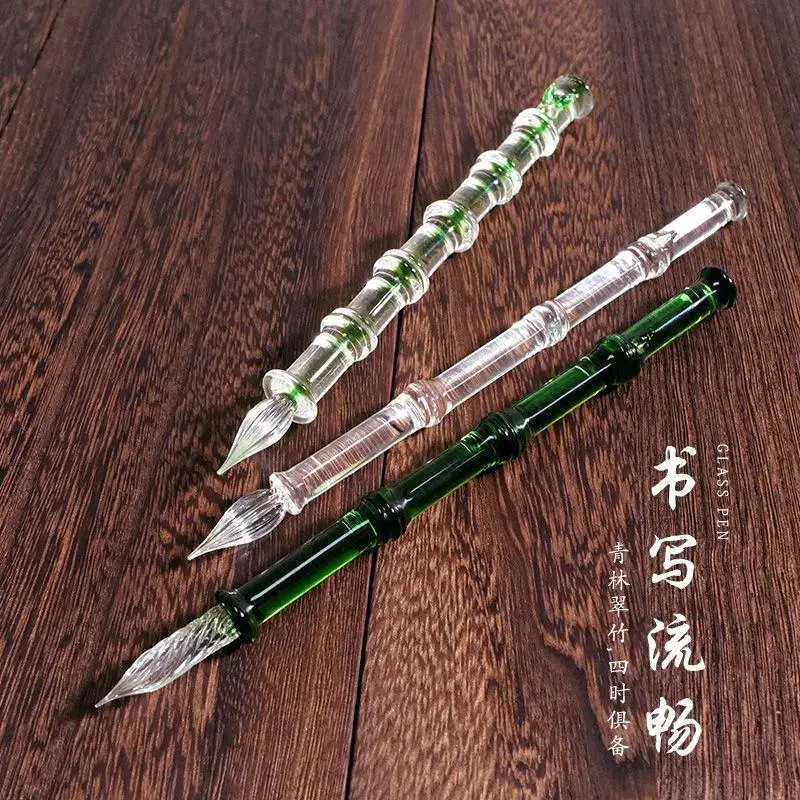 1Pc Crystal Glass Dip Pen Bamboo Joint Drip Fountain Pen Non-Carbon Ink Fountain Signature Pen Writing Tools