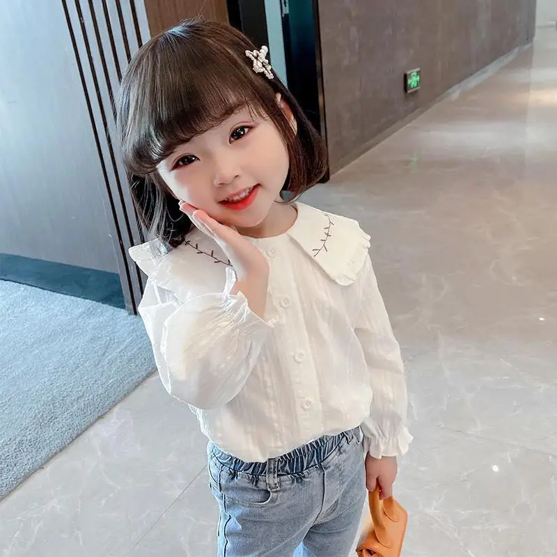2-12Y Spring Autumn Girl White Cotton Casual Shirt Kids Long Sleeve Blouse Fashion Single Breasted Shirt Teenag Girls Thin Top