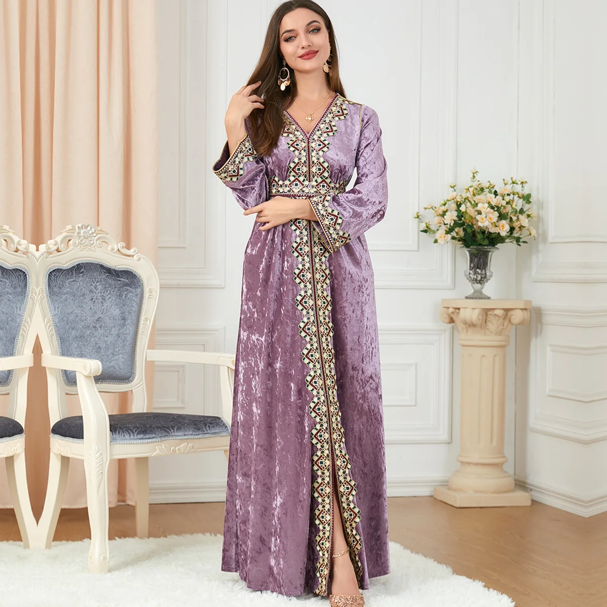Winter Autumn Velvet Muslim Dress Women Abaya Embroidery Party Dress Thicken Split Kaftan Islam Turkey Arabic Long Robe Dresses