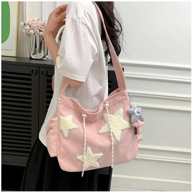 Corduroy Star Embroidery Crossbody Bag - Multi-Pocket Tote with Adjustable Strap, Cute Daily Purse for Women pink/white