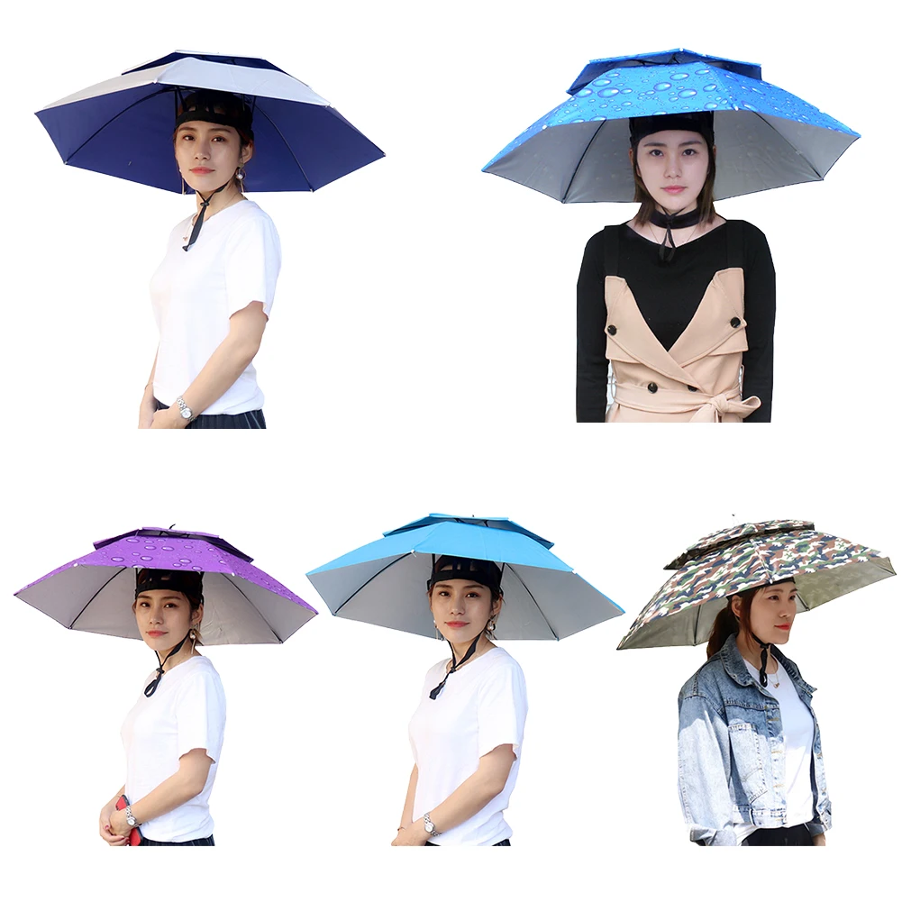 Umbrella Hat Rain Umbrella Hat Outdoor Foldable Head Umbrella Hat Anti-Rain Anti-Sun Golf Cycling Hiking Camping Fishing