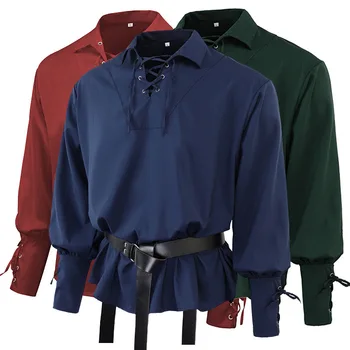 (Cintura Inclusa) Camicia Polo da Uomo Stile Pirata Medievale Vintage, Vestibilità Ampia, per Spettacoli