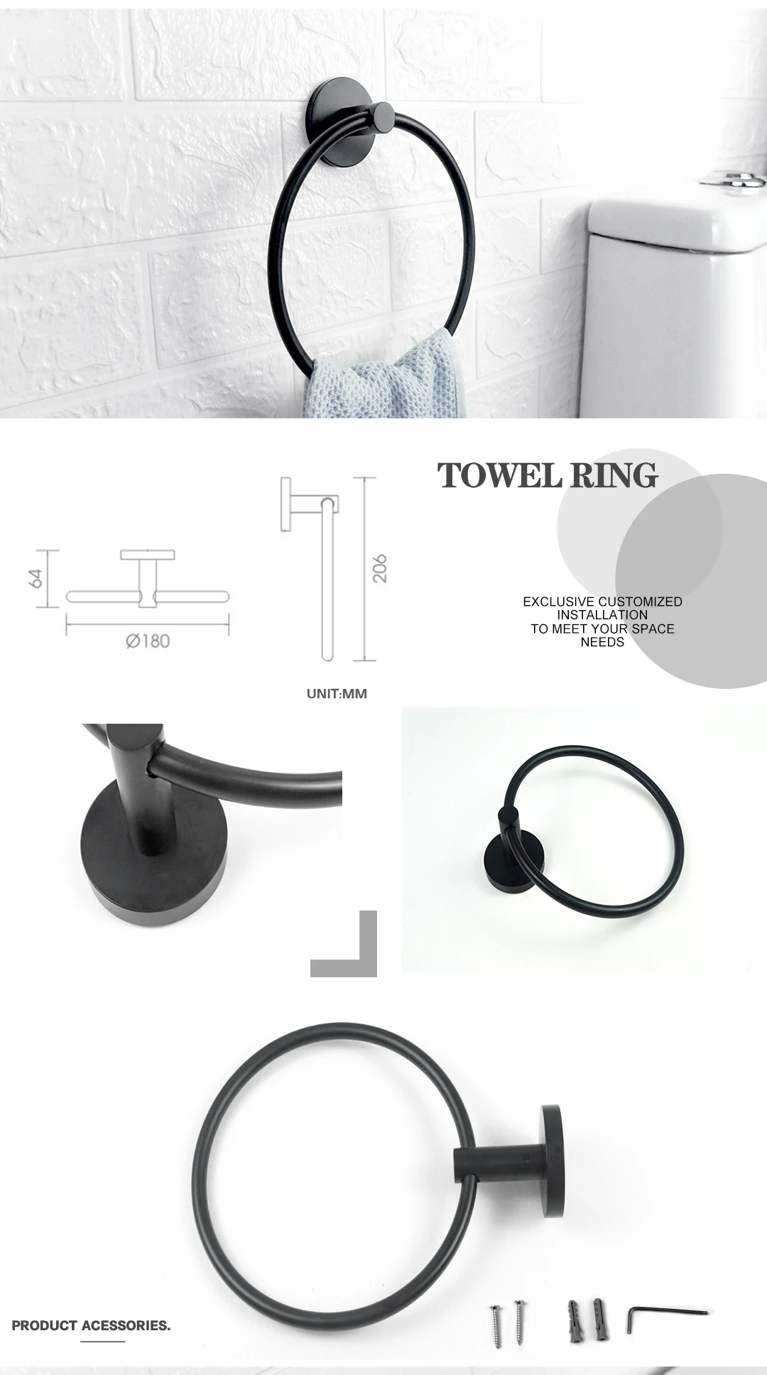 Description Picture 6 of itemBlack Stainless Steel Bath Hardware Towel Ring Rail Rack Tissue Paper Holder Toilet Brush Holder Soap Dish Bathroom Accessories