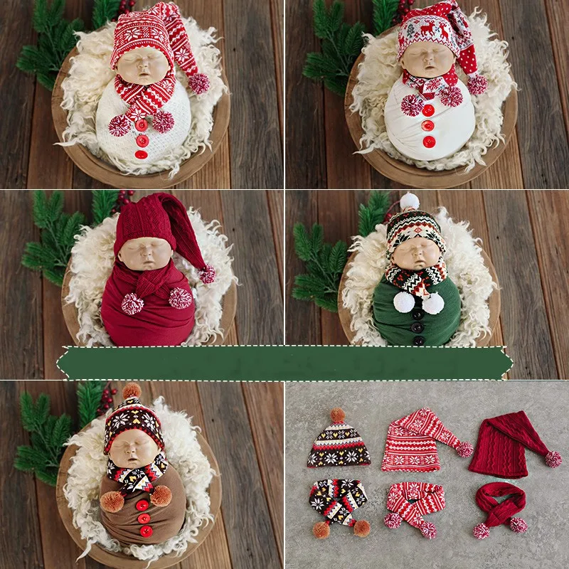 Christmas Snowman Hat Bib Suit Hairball Scarf Cute Baby Photo Newborn Photography Props Baby Shooting Accessories