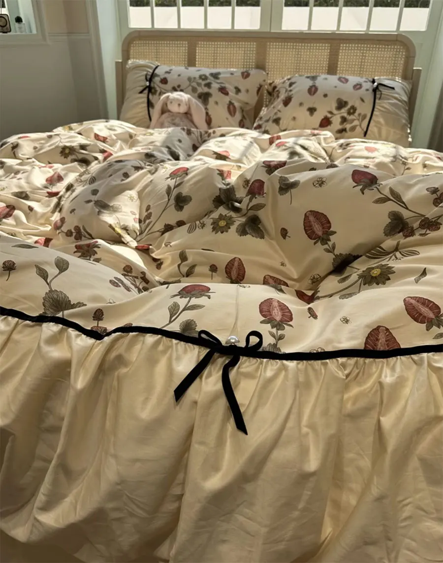 

Vintage sweet pastoral strawberry bedding set,full queen king romantic cotton home textile bed sheet pillow case quilt cover
