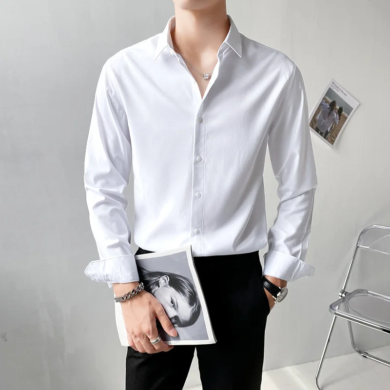 

2023 Spring Free Iron-Free Anti-Wrinkle Solid Color Men's Shirt Long Sleeve Business Casual Formal Wear Stretch Slim White Shirt