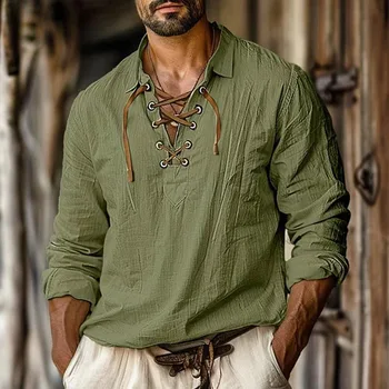 Camicie da uomo in cotone e lino a maniche lunghe con scollo a V e scollo a V camicetta Casual primavera estate t-shirt anteriori sottili top abbigliamento uomo traspirante