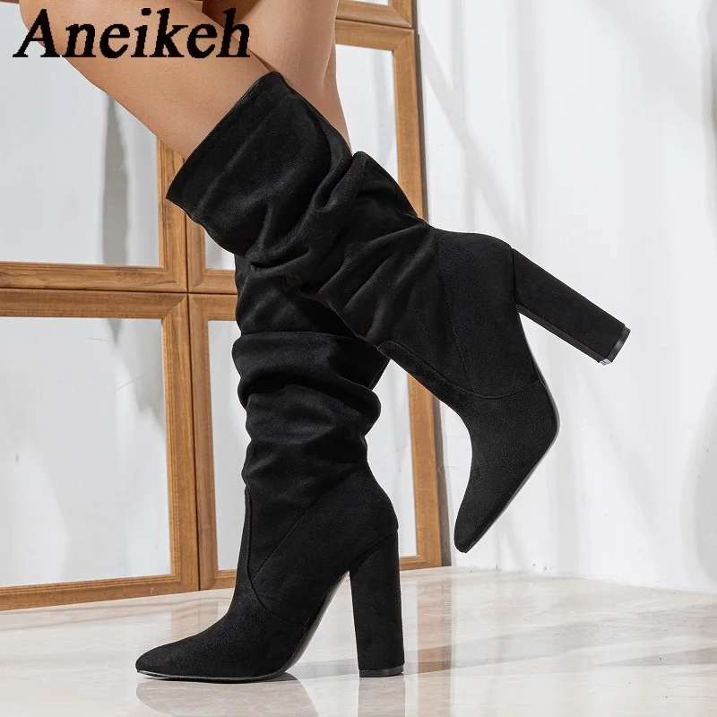 

Aneikeh Spring/Autumn Women Boots Shoes The Pleated Stretch Rome Shoes Women's Boot Solid Pointed Toe Thick Heel Mid-Calf Boots