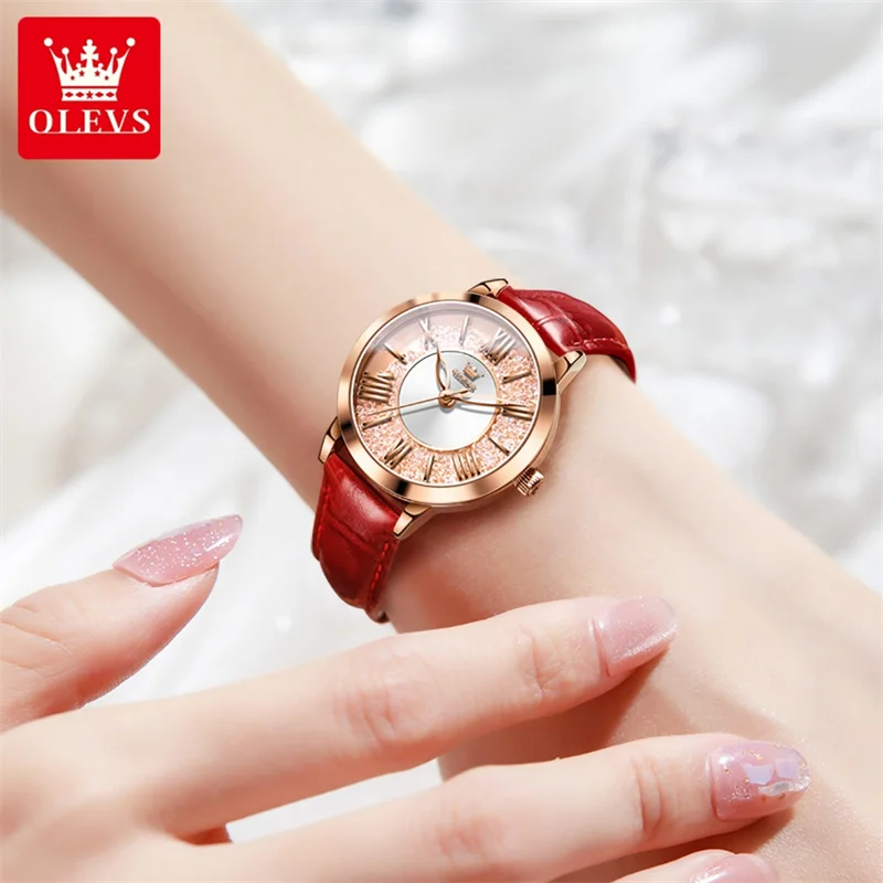 OLEVS New Luxury High Quality Fashion Women Watch Stylish Crystal Dial Red Leather Ladies Quartz Watch Girls Relogio Feminino