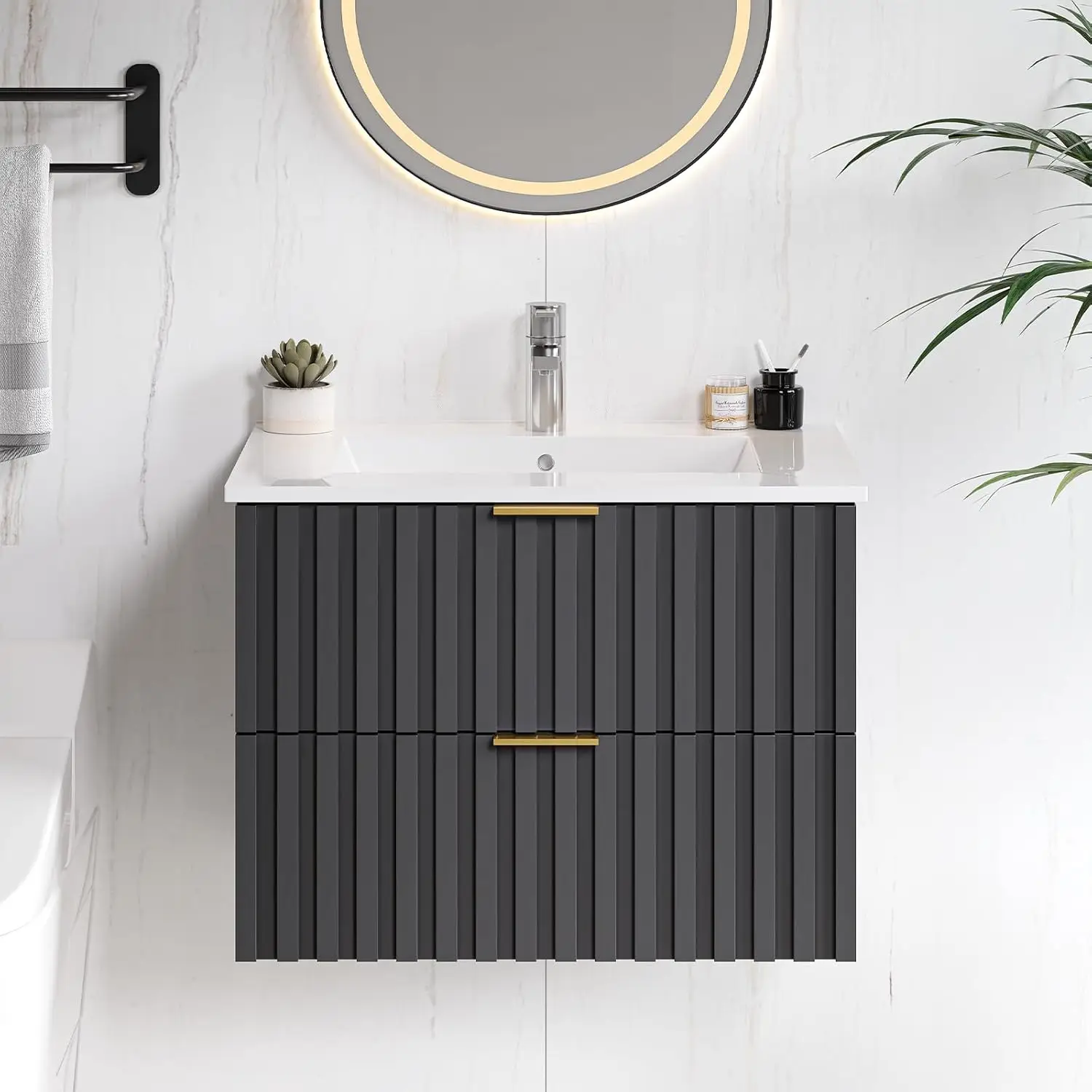 24 Inch Bathroom Vanity with Sink Combo, Floating Bathroom Vanity with 2 Fluted Drawer & Metal Handles, Modern Wall Mount 3